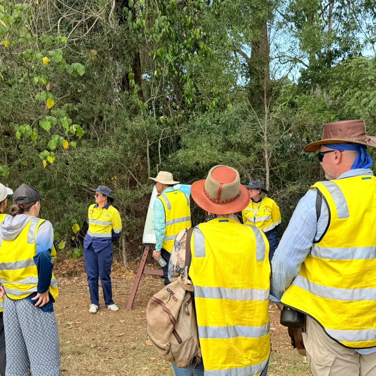A group of participants and support workers in high-visibility vests standing together outdoors in bushland, listening to a guide beside an information board
